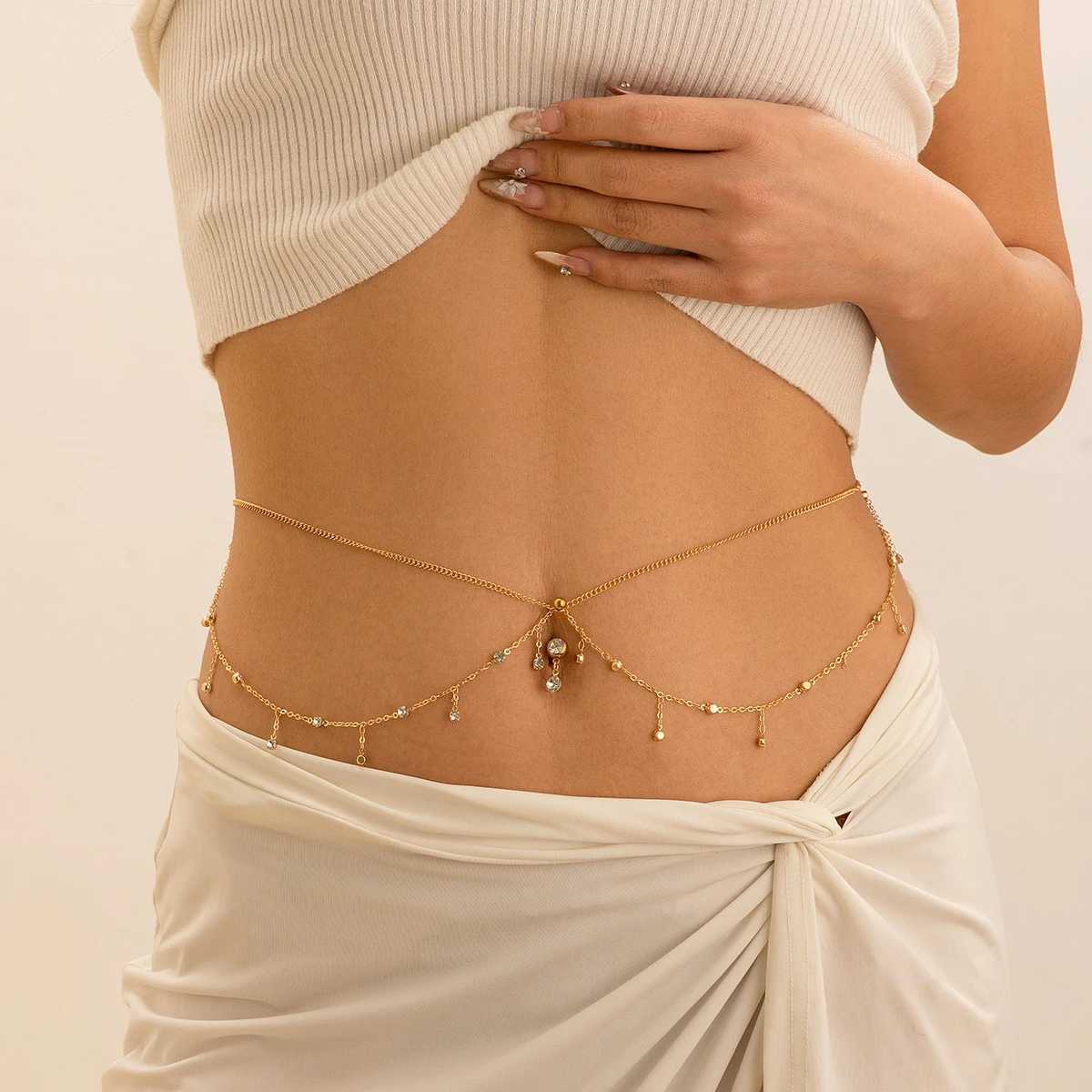 Salircon Fashion Gold Color Stainless Steel Waist Chain for Women Exquisite Zircon Pendant Sexy Belt Body Waist Chain JewelryX2409