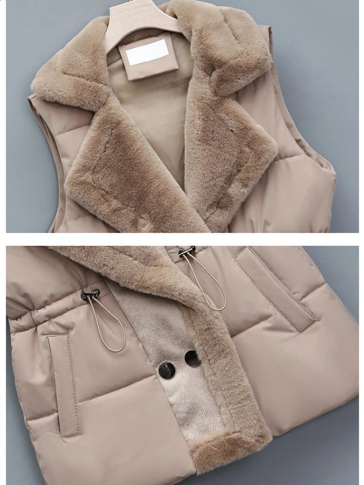Winter cotton fur integrated down vest womens inflatable standing collar button jacket with drawstring waist 240910