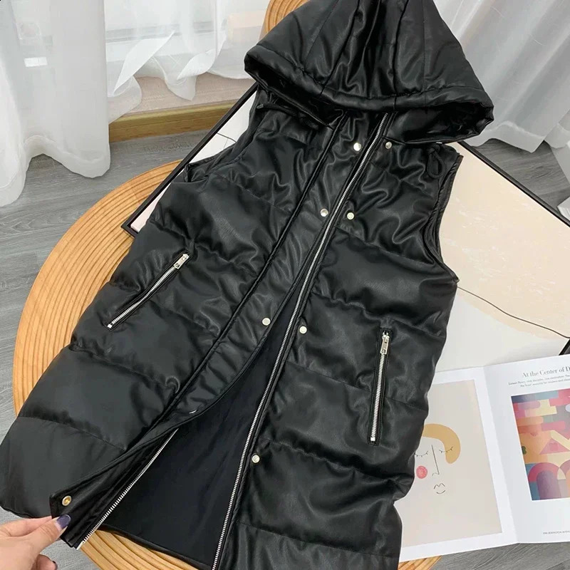 Womens vest fashion winter artificial leather apron long jacket hooded white sleeves PU womens clothing top 240910