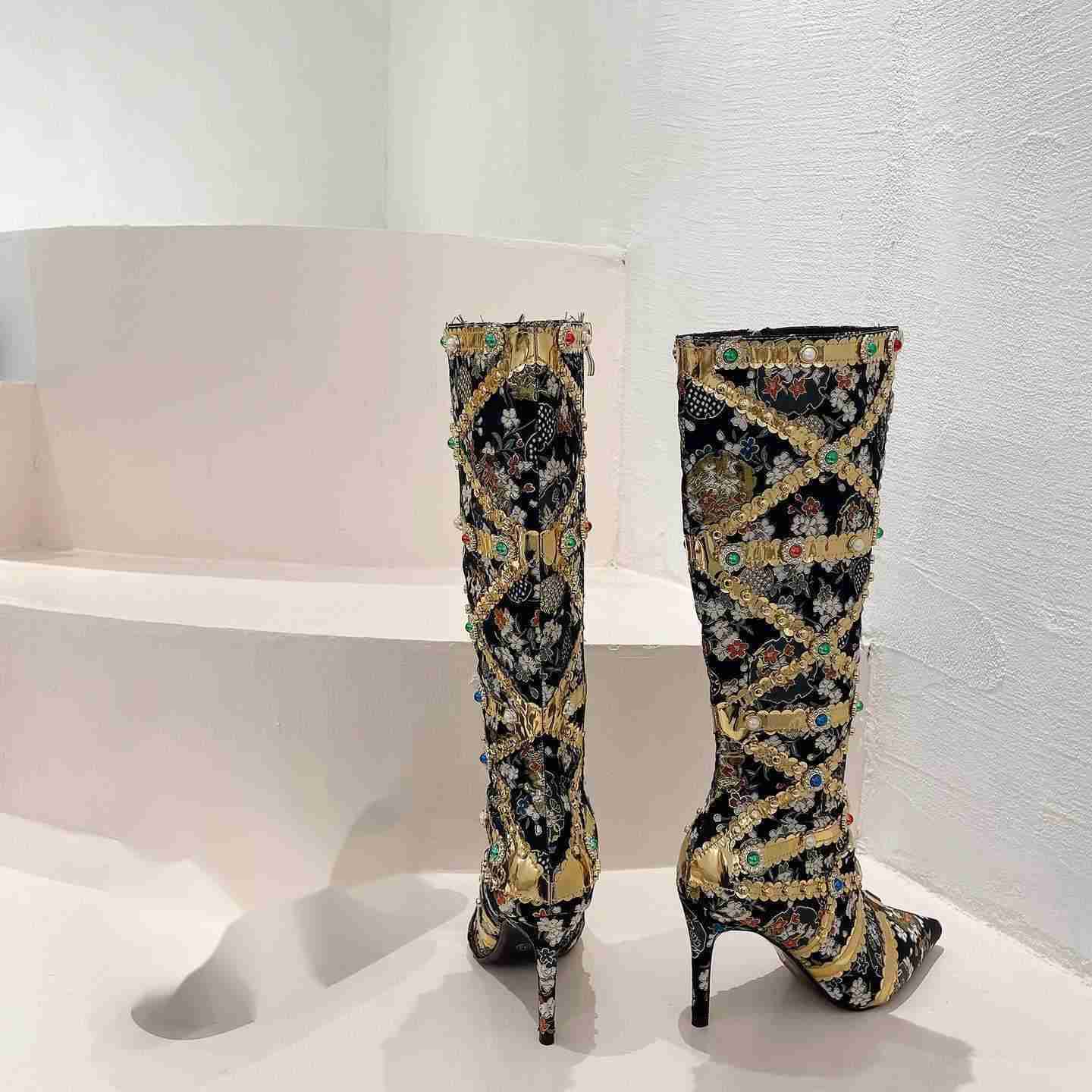 CMM Childrens Fashionable Slim Heel Heavy Handmade Womens Boots Rhinestone Ethnic Pointed High Heeled Long Tube Boots