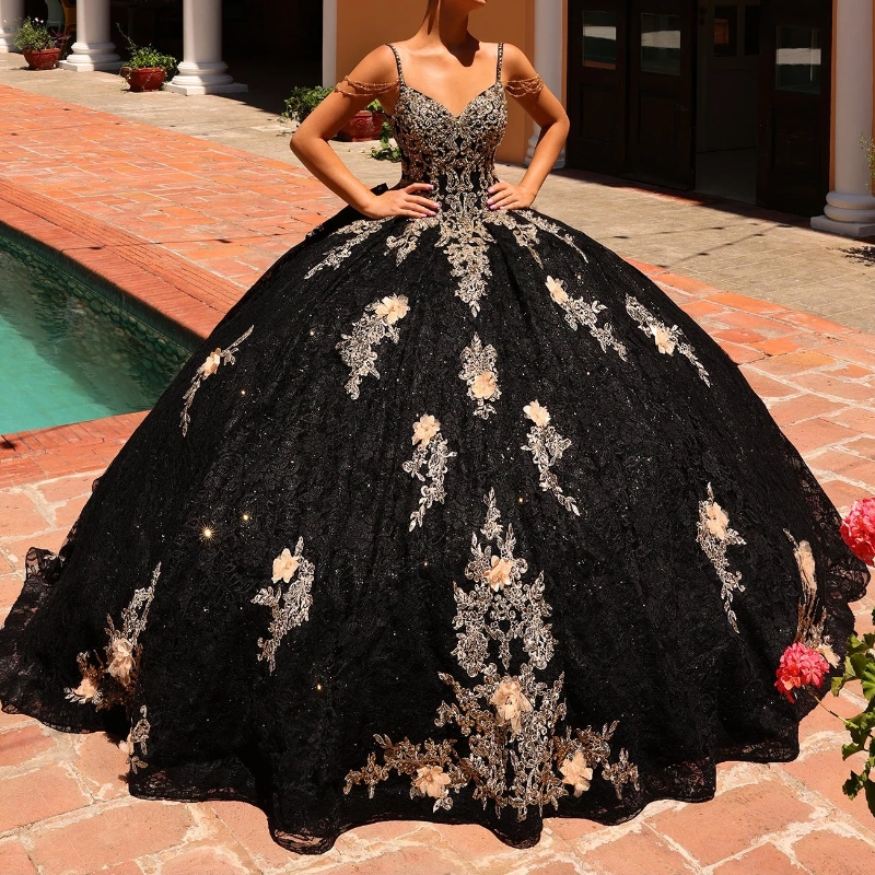 Black Shiny Mexican Quinceanera Dressess Spaghetti Strap Applique wer Tull vestido 15 quinceaneras Corset Prom Lace Up