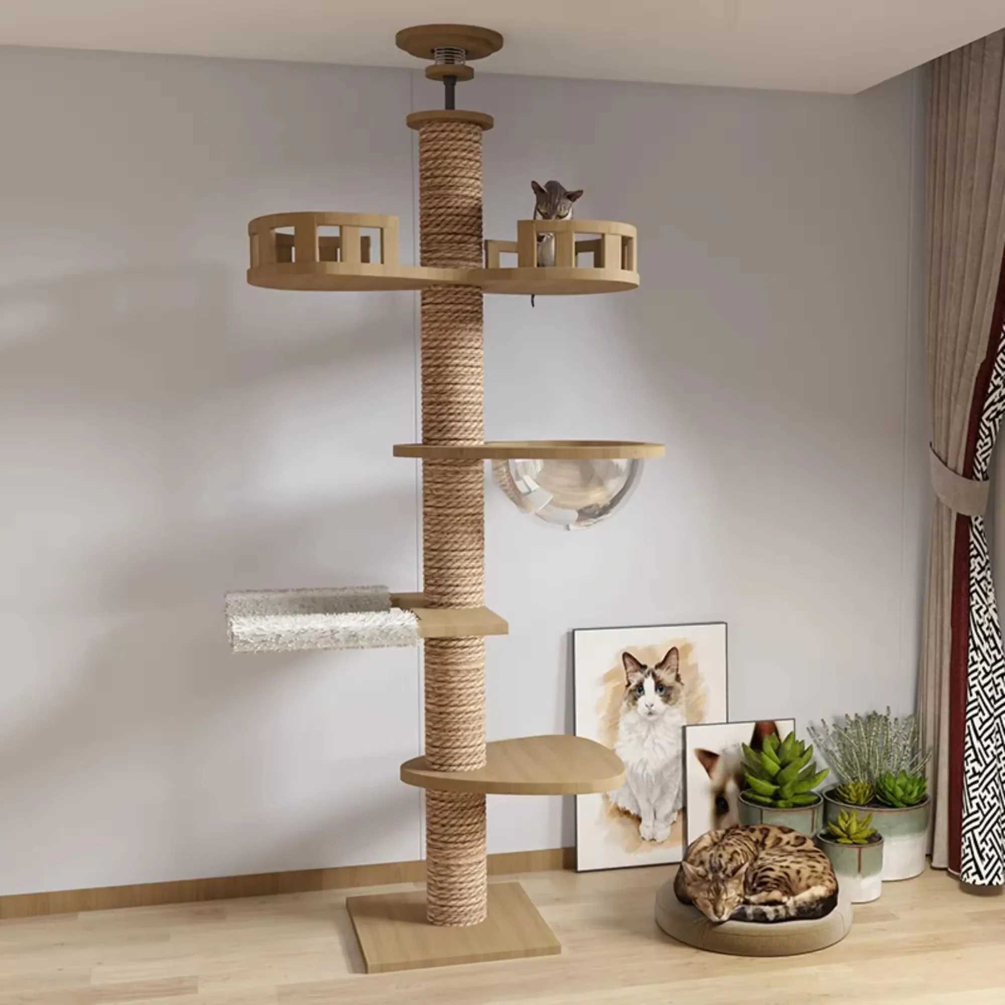 Cat Furniture Scratchers Custom LargeCats Scratch Post Floor to Climbing Ceiling Frame Wood sisal Tree Space Cap-sule Jumping Platform Cat Ceiling tow
