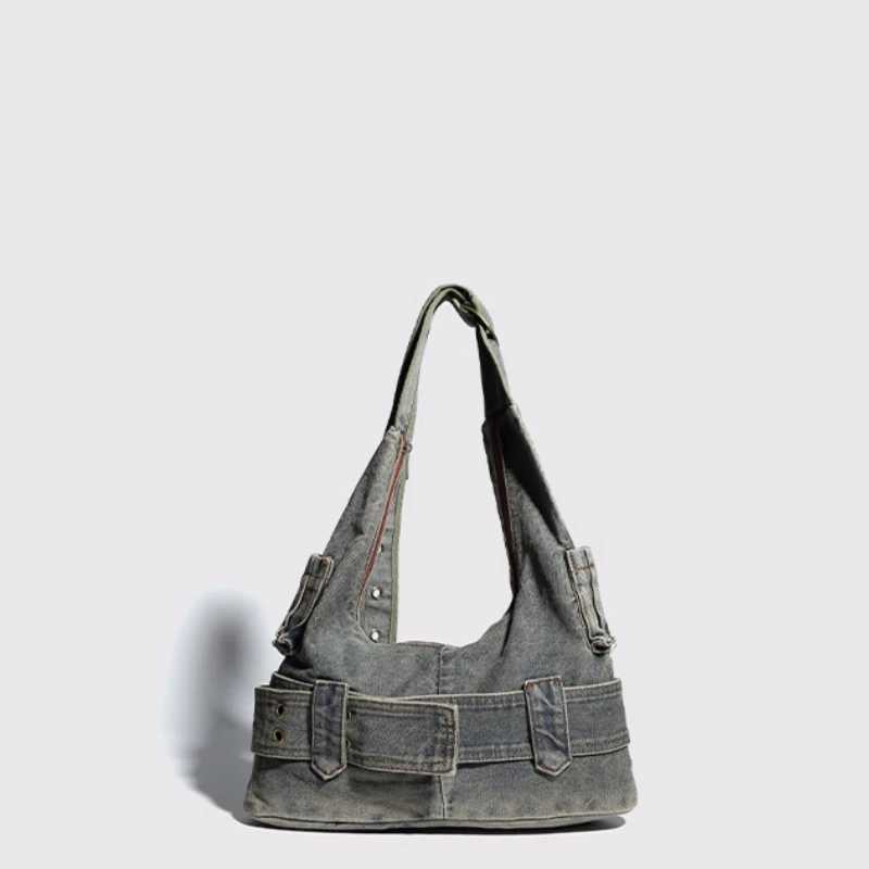 Y2k Washed Denim Blue Shoulder Bag Women Vintage Large Capacity Zipper Type Daily Tote Double Pocket Design Female Underarm Bag 240911