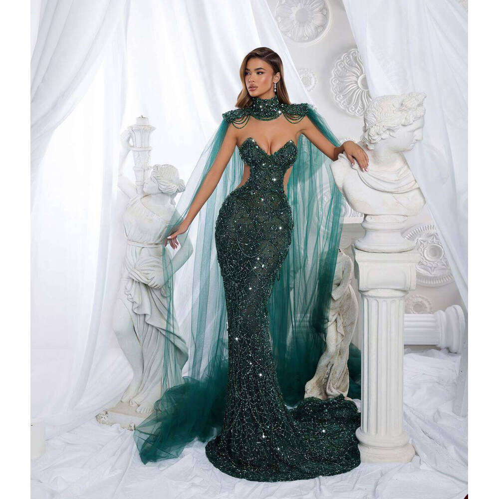 Evening Dresses Mermaid Beading Sequined Cut-Out High-Neck Shawl Prom Gown Party Dress Vestido De Noite Custom Made