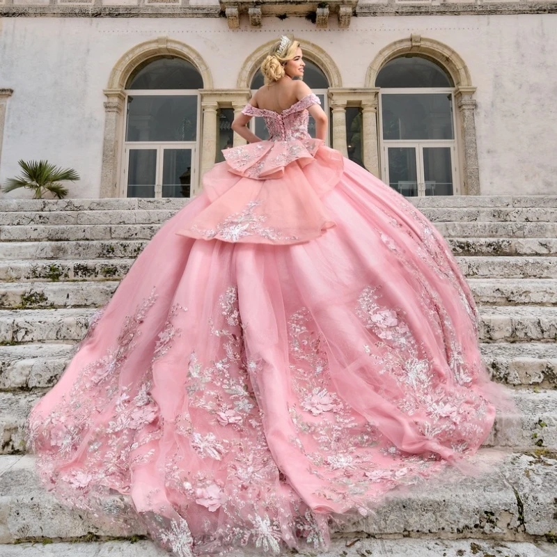 Pink Shiny Off Shoulder Ball Gown Quinceanera Dresses 2024 Sweet 16 Dress Princess Appliqued Lace Beads Party Gowns Vestido 15 De
