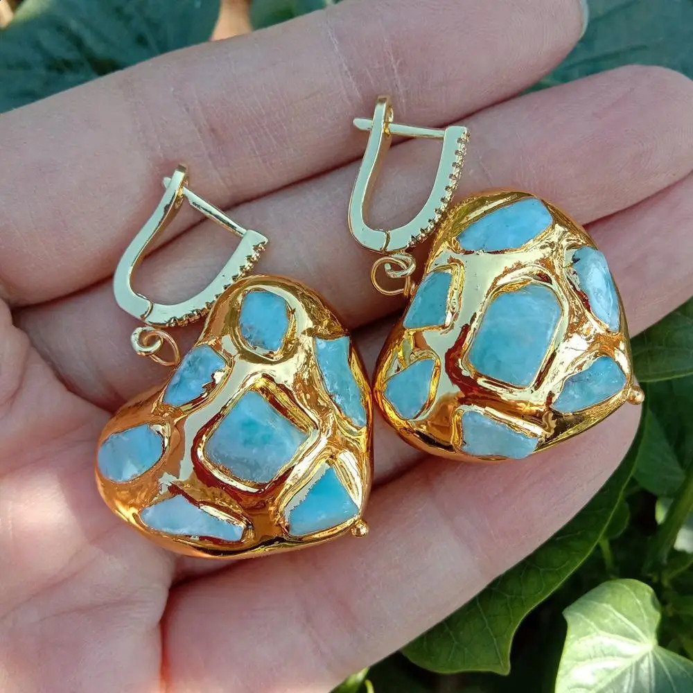 YYGEM Natural Blue Larimar Chips Pave Heart Shaped Yellow Gold color Dangle LeverBack Earrings 240910