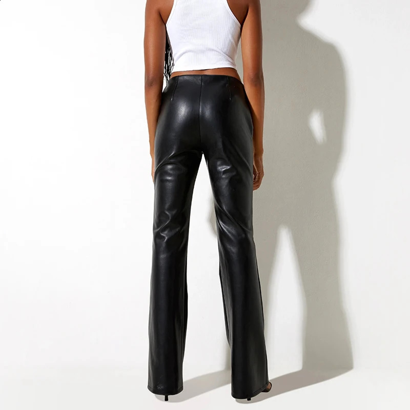 Womens casual PU pants mid waist solid color loose fit suitable for simple mens style street sparkling blackpink 240910