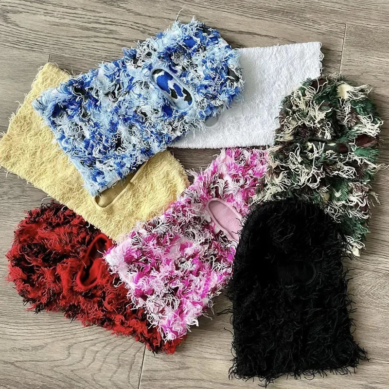 Hip Hop Balaclava Distressed Knitted Hat Full Face Ski Mask Womens Outdoor Wool Blurred Ski Board Balaclava Beanies Mens Hat 240910