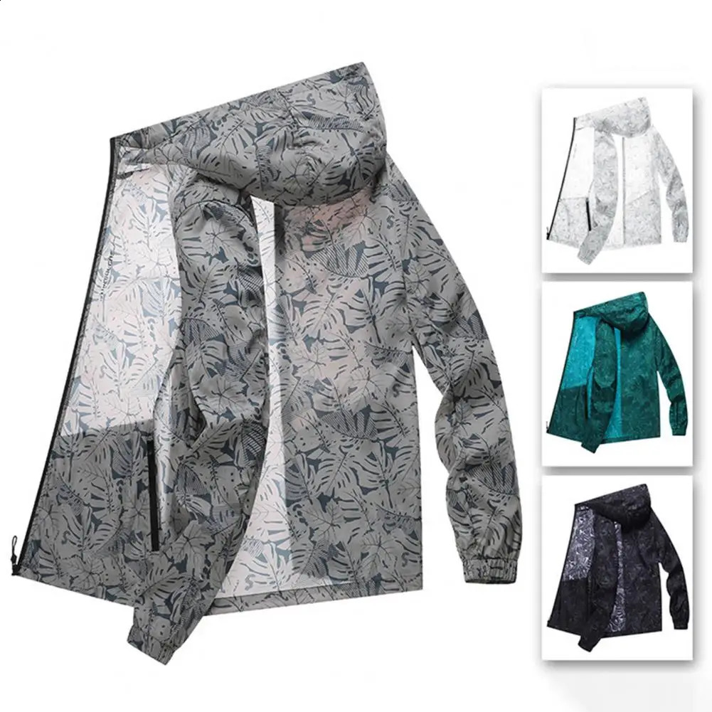 Mens summer sun protection jacket with moisture-proof wick cooling print breathable zipper pocket sun protection and waterproof Plus size hiking trip 