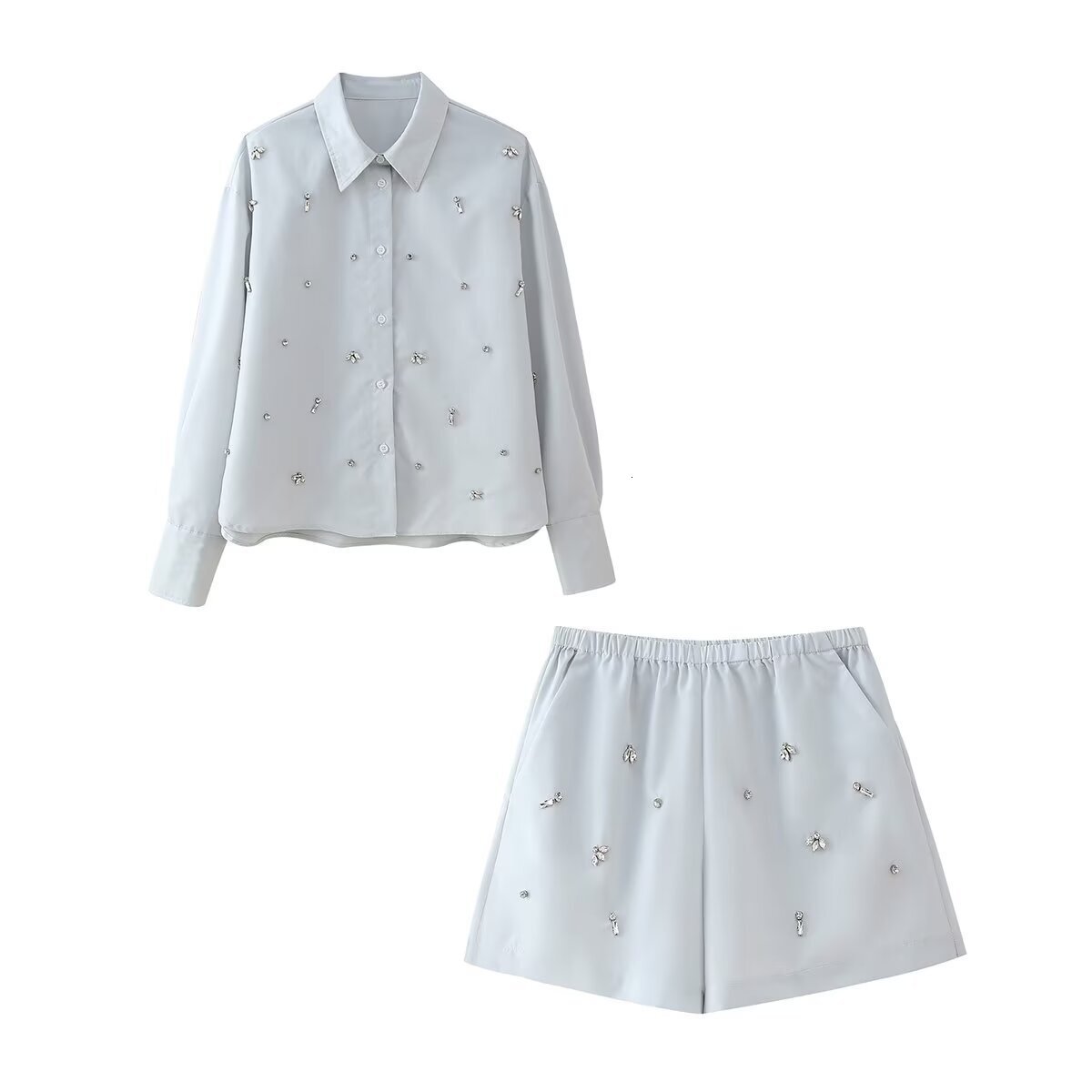 Poplin Shirt Womens Autumn New Product Decoration Long Sleeved Shorts Set Jewelry Inlay