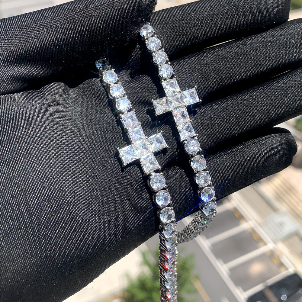 Hip Hop Cross Tennis Chain Bracelet TopBling Cubic Zircon Lover Couple Jewelry