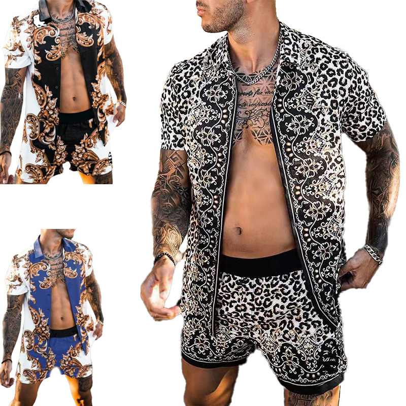 Mens Tracksuits Fashion Print Sets Short Sleeve Shirt+Shorts 2Pcs Suit Loose 2024 Summer Casual Beachwear Male Vacation Hawaiian Outfits