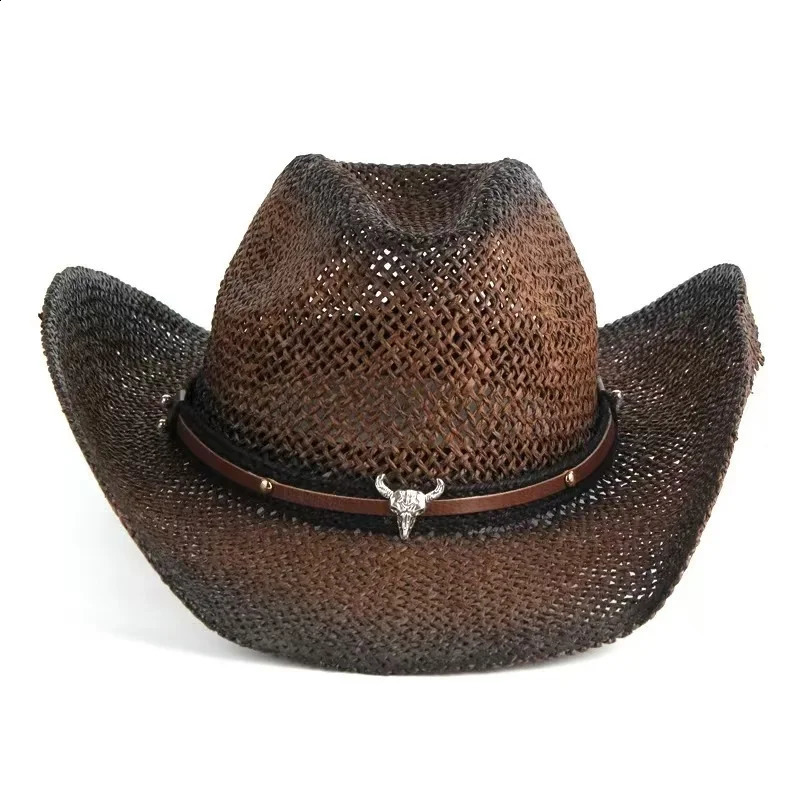 Hand woven hollow western cowboy hat suitable for womens summer outdoor cowboy hat beach cowboy hat straw hat 240909