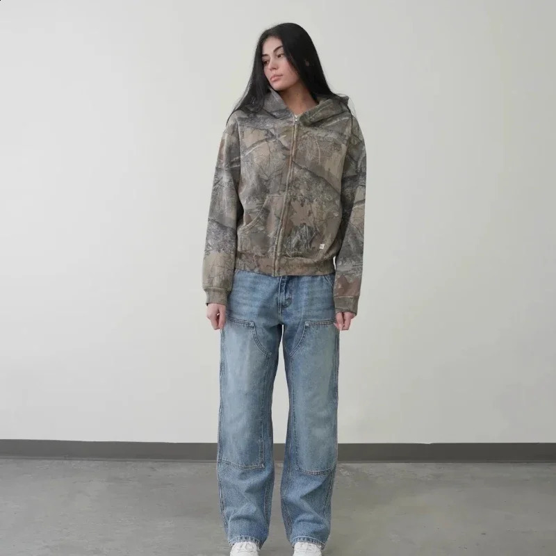 Y2K Retro Pullover Hoodie Men Camouflage Pattern Zipper Sweatshirt High Street Hip Hop Streetwear Oversized Unisex Camo Hoodie 240910