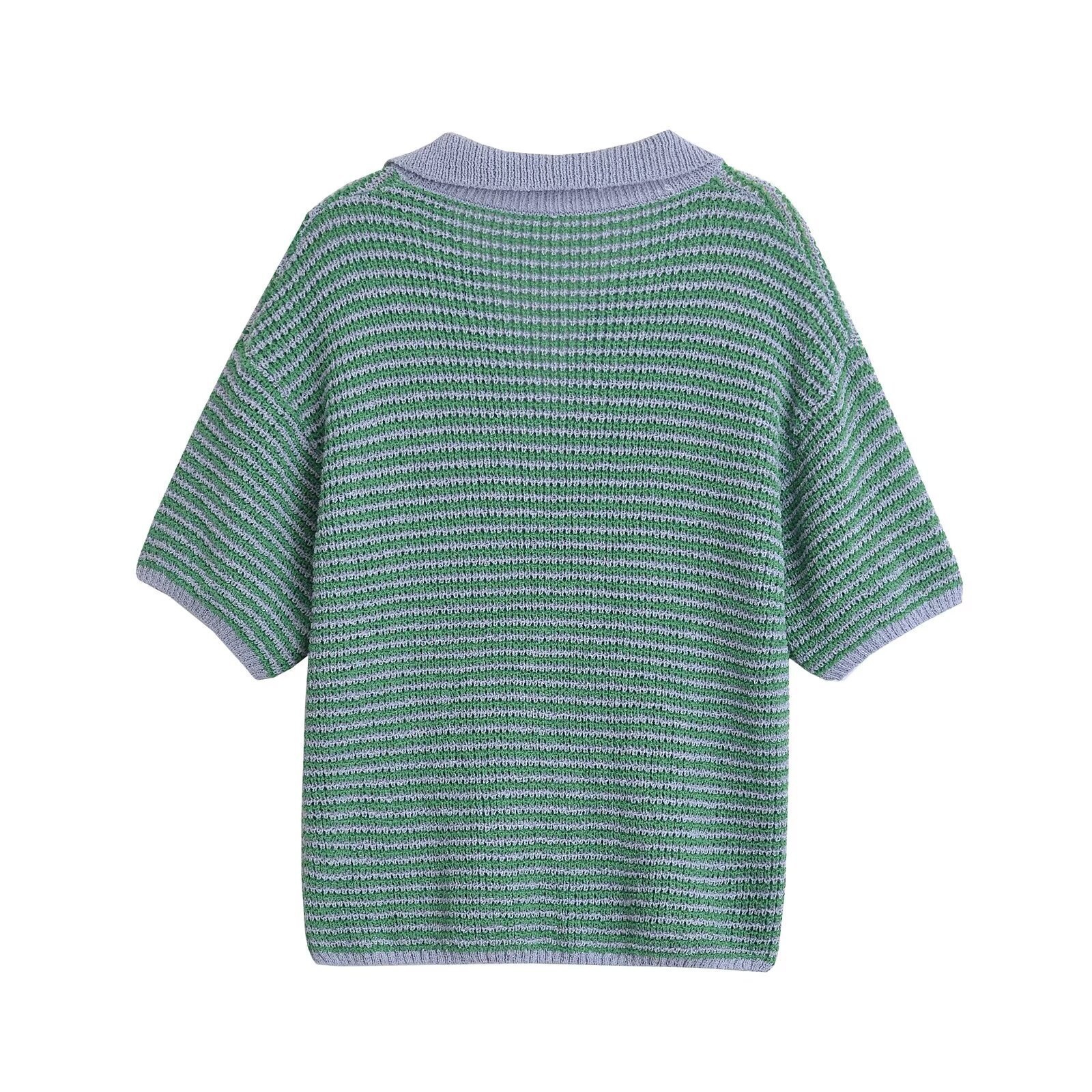 Fashion Striped Knitted Suit Autumn Womens Polo Collar Loose Top+shorts Set