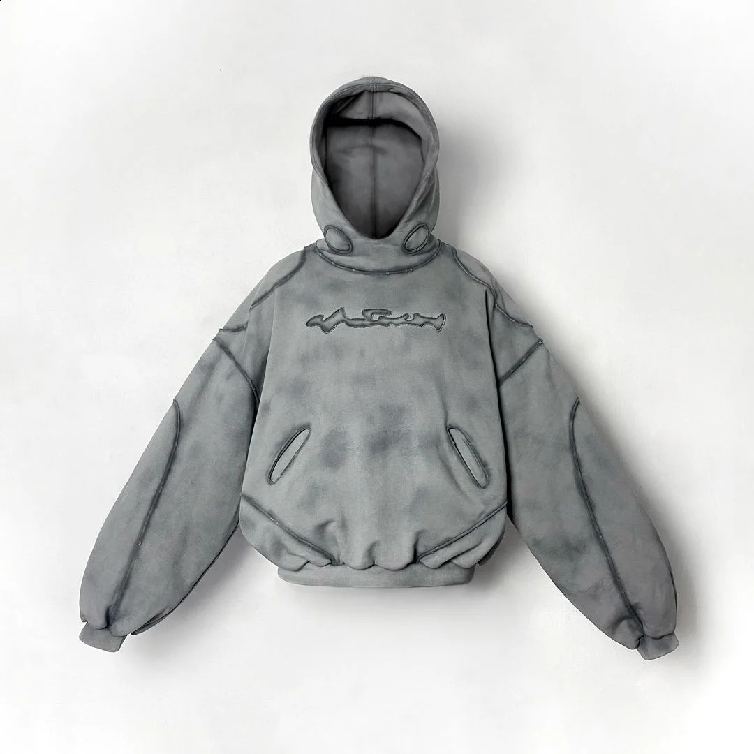 Wilderness style three line washed and faded hoodie sweater texture pure cotton simple loose couple hoodie 240909