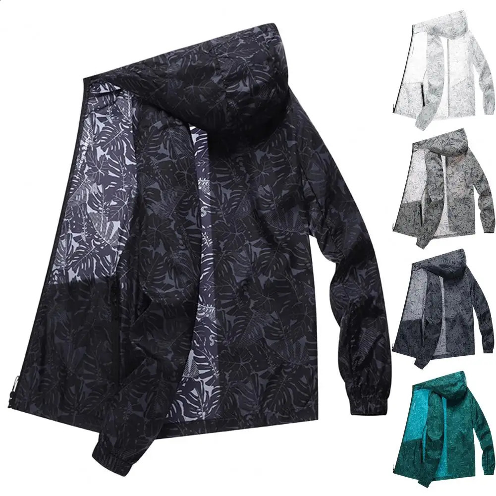 Mens summer sun protection jacket with moisture-proof wick cooling print breathable zipper pocket sun protection and waterproof Plus size hiking trip 