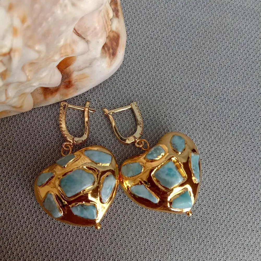 YYGEM Natural Blue Larimar Chips Pave Heart Shaped Yellow Gold color Dangle LeverBack Earrings 240910