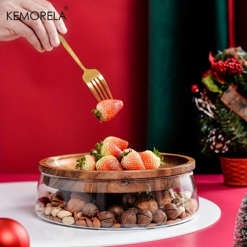 Trays Glass Bowl Nuts Fruits Food Container For Cereals Jar Double Layer Candy Jars With Wooden Lid Home Kitchen Storage