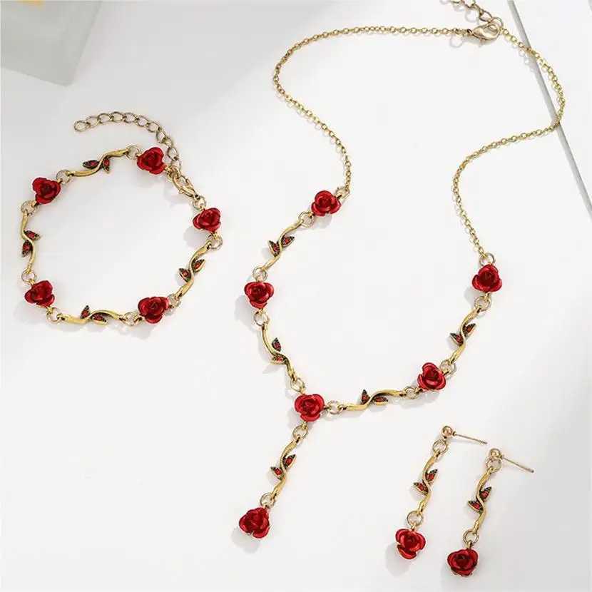 Vintage French Red Rose Flower Necklace Bracelet Set for Women Fashion Romantic Clavicle Chain Necklace Engagement Jewelry GiftsXJ241227