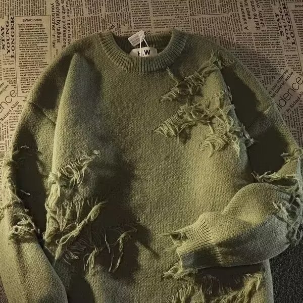 Men Sweaters American retro high street ripped sweater for men and women autumn and winter lazy style design niche knit sweater Mens crew neck sweater