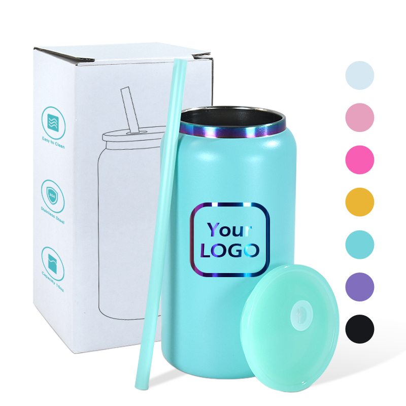 16oz UV plating tumbler colored powder coated stainless steel vacuum insulated tumblers mason jar for laser engraving food cans with colored lids stra