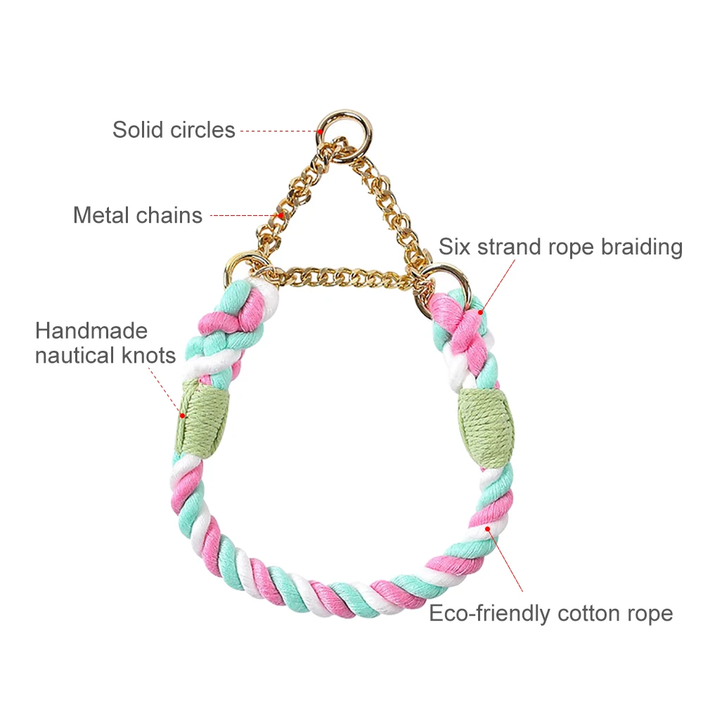 Dog Collar with Stainless Steel Chain and Braided Cotton Rope,Adjustable No Pull Training Collar,for Small Medium,and Large Dogs