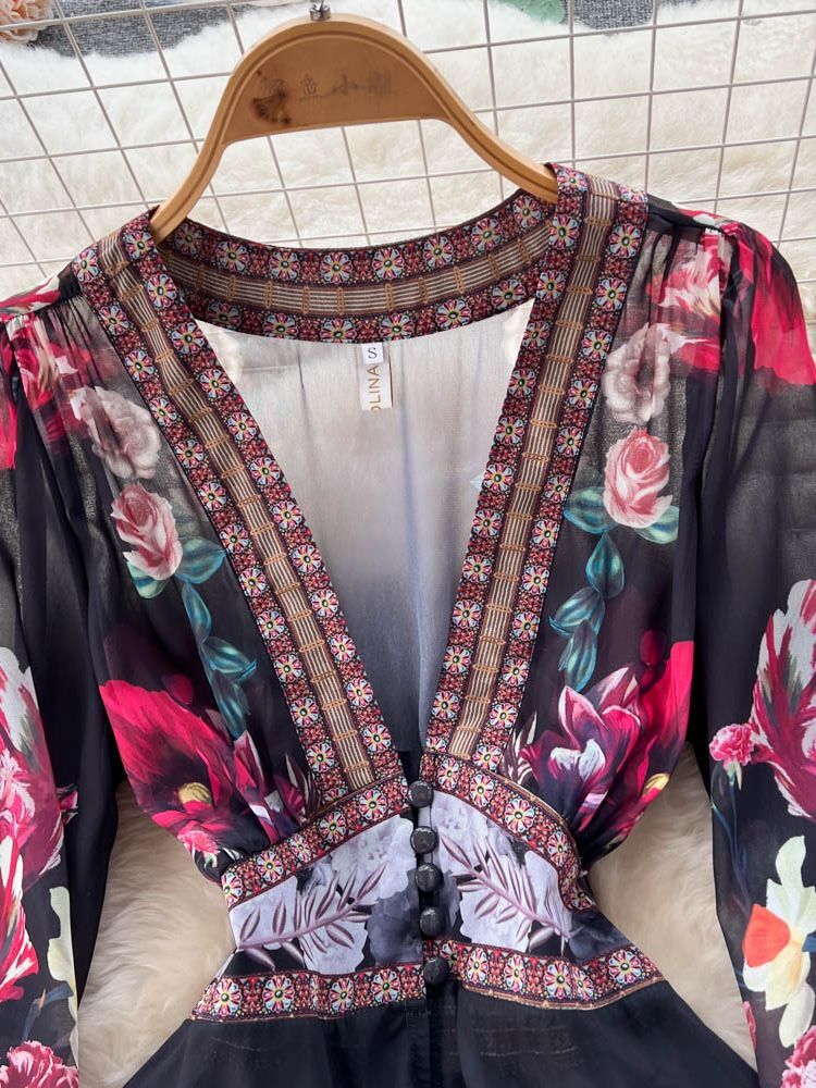 2023 Fashion Runway Gorgeous Flower Chiffon Cascading Ruffles Dress Women Deep V Neck Long Sleeve Floral Print Boho Robe Vestido