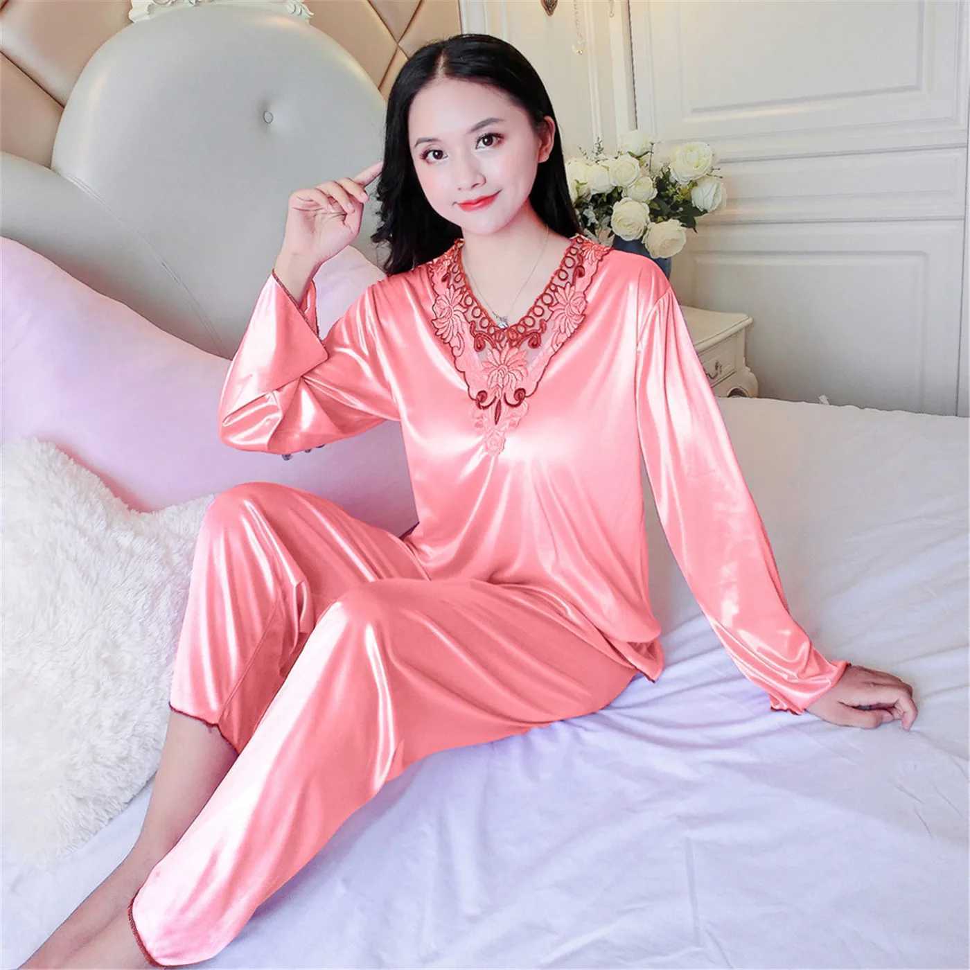 Silk Womens Satin Pajamas Sets Sleepwear Big Size Pyjama 4XL Spring Autumn Homewear Ladies Pijama Mujer 2 Piece Pjs NightwearX2409
