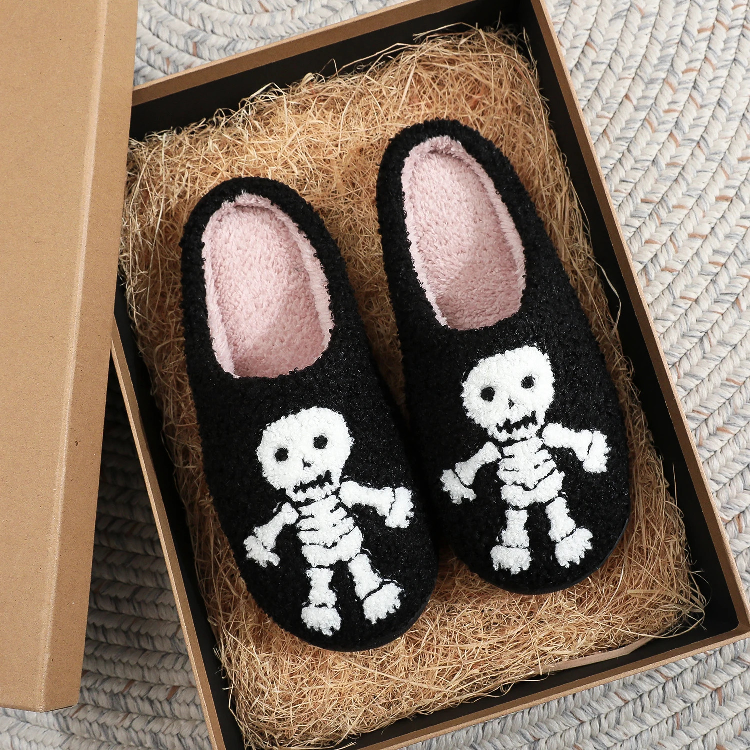 Halloween Skull Black Embroidery stuffed Home Thick-soled plaid Furry Cotton Slippers Cute Warm Non-slip Indoor Slippers Gift Men Women Can Wear 24091