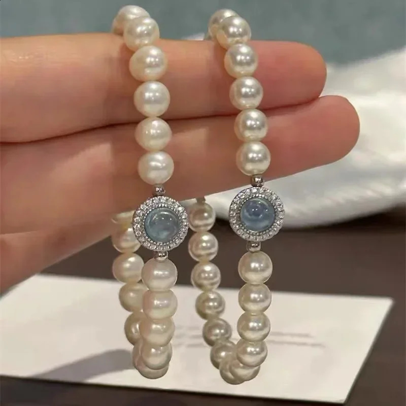 925 sterling silver pearl bracelet women's French blue crystal pendant bracelet fashionable party wedding jewelry