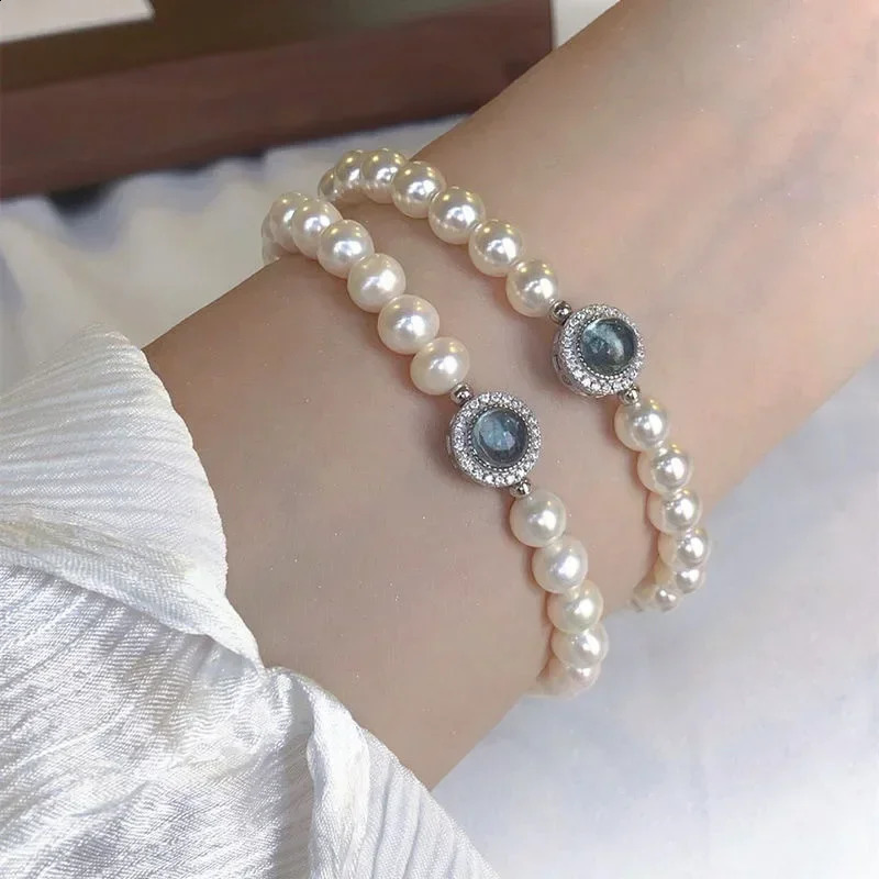 925 sterling silver pearl bracelet women's French blue crystal pendant bracelet fashionable party wedding jewelry