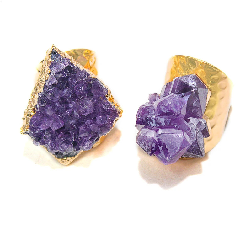 Irregular Rough Stone Ring for Women Purple Crystal Cluster Gemstones Jewelry Open Finger 240906