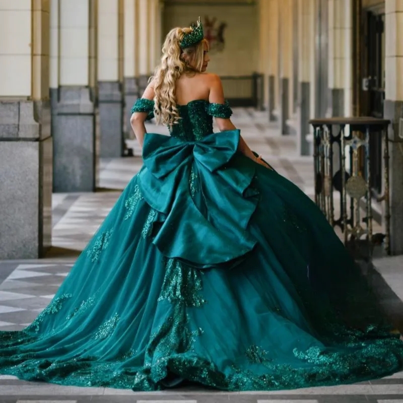 Blackish Green Shiny Quinceanera Dresses Ball Gown Sequin Lace Applique Beading Bow Tiered Corset Sweet 16 Dress Vestido De 15 Anos