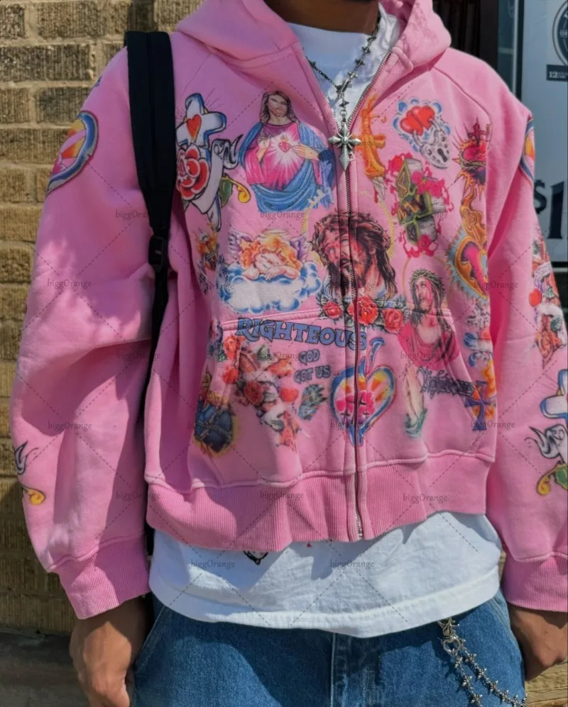 Y2K Harajuku retro oversized zipper hoodie American style cross print fashionable and casual fully matched sportswear jacket 240910