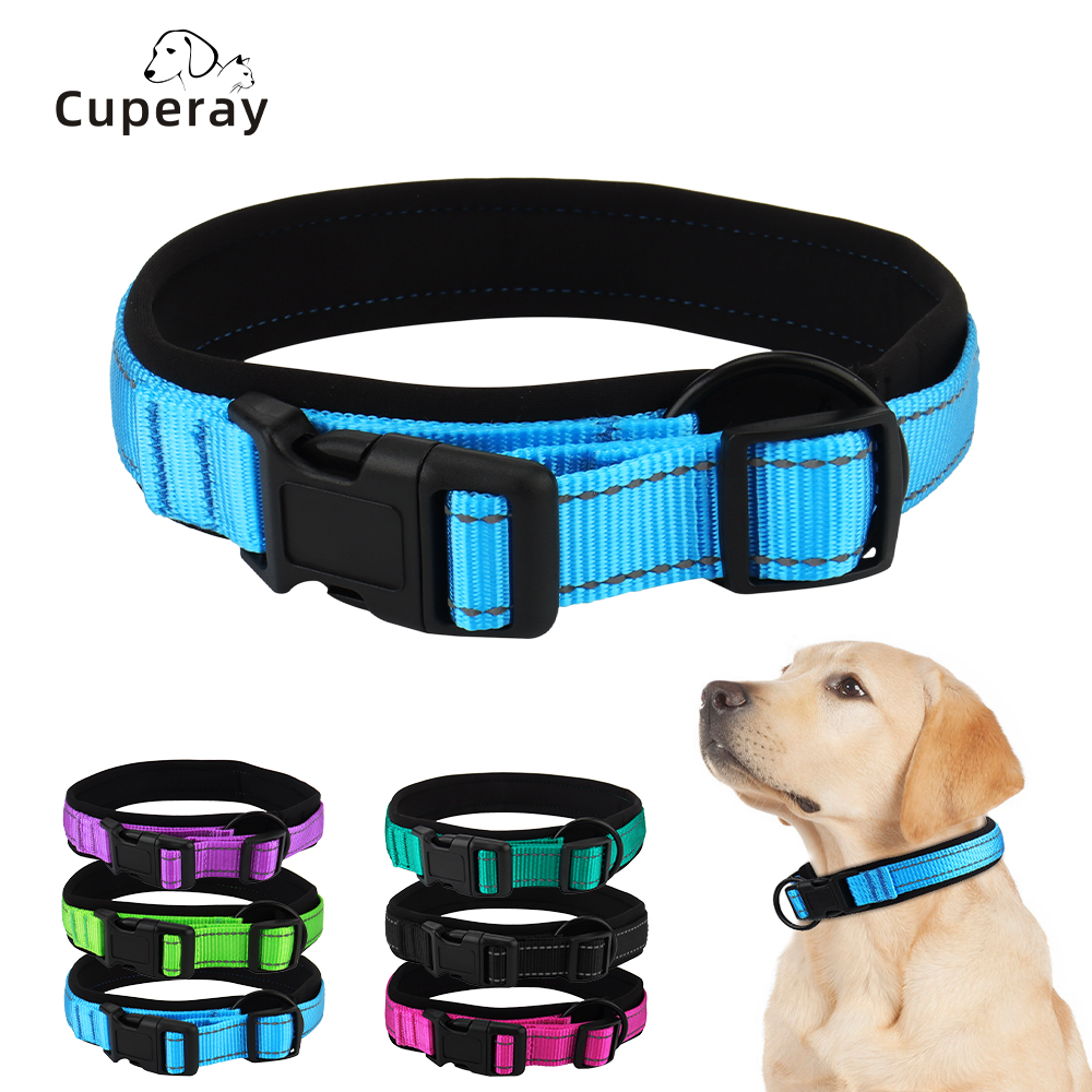 Nylon Dog Collar, Adjustable Reflective Pet Collar with Submersible Padding & D-Ring Outdoor Dog Walking for Small and Large Dog