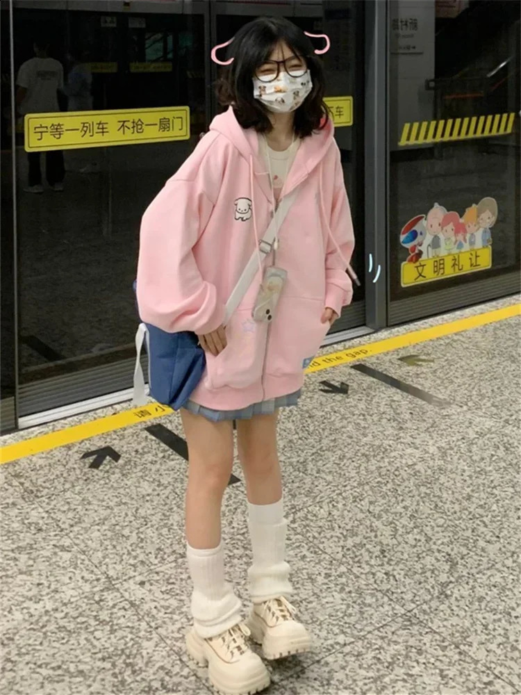 QWEEK Harajuku Kawaii Pink Zipper Hoodie Womens Japanese Y2K Sweet Cute Beige Wool Sweater Korean Girls Jacket 240911