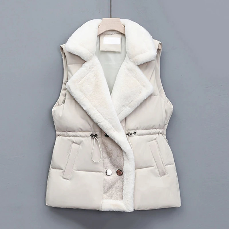 Winter cotton fur integrated down vest womens inflatable standing collar button jacket with drawstring waist 240910
