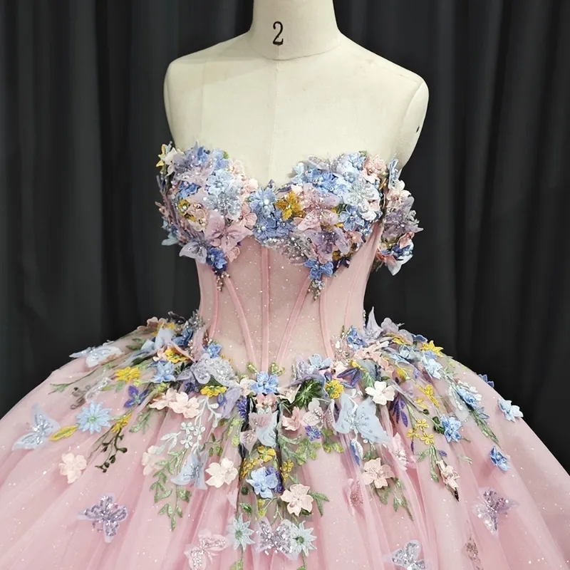 Pink Shiny Sweetheart Quinceanera Dresses Party Birthday Off The Shoulder 3D Applique Bow Beads Tull Princess Sweet 16 Dress Vestido De 15 Anos