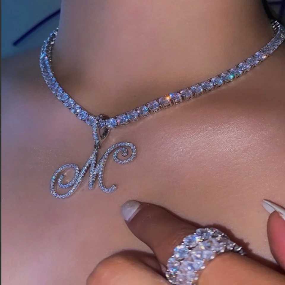 New Cursive Letters Cubic Zirconia Chain Intial Name Necklace Hip Hop Jewelry Gold Silver Color CZ 26 Alphabet Pendant NecklacesXJ241227
