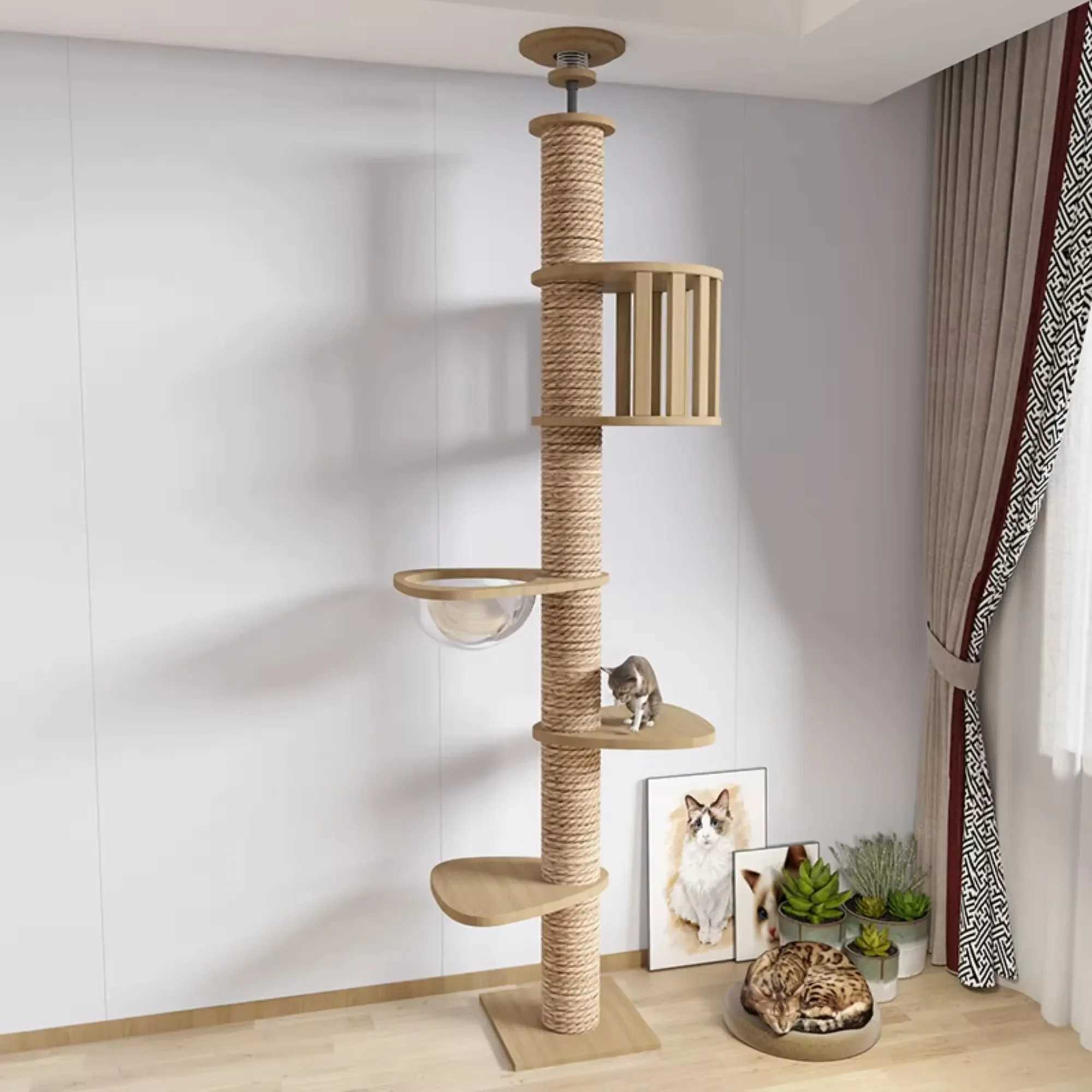 Cat Furniture Scratchers Custom LargeCats Scratch Post Floor to Climbing Ceiling Frame Wood sisal Tree Space Cap-sule Jumping Platform Cat Ceiling tow