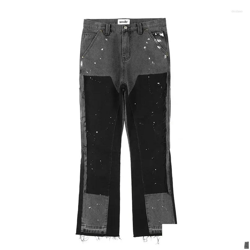Mens European Ink Sprayed Flared For Men Contrast Color Looen Fit Streetwear Denim Clothes Open Hem Males Drop Delivery Apparel Cloth Dhhrj