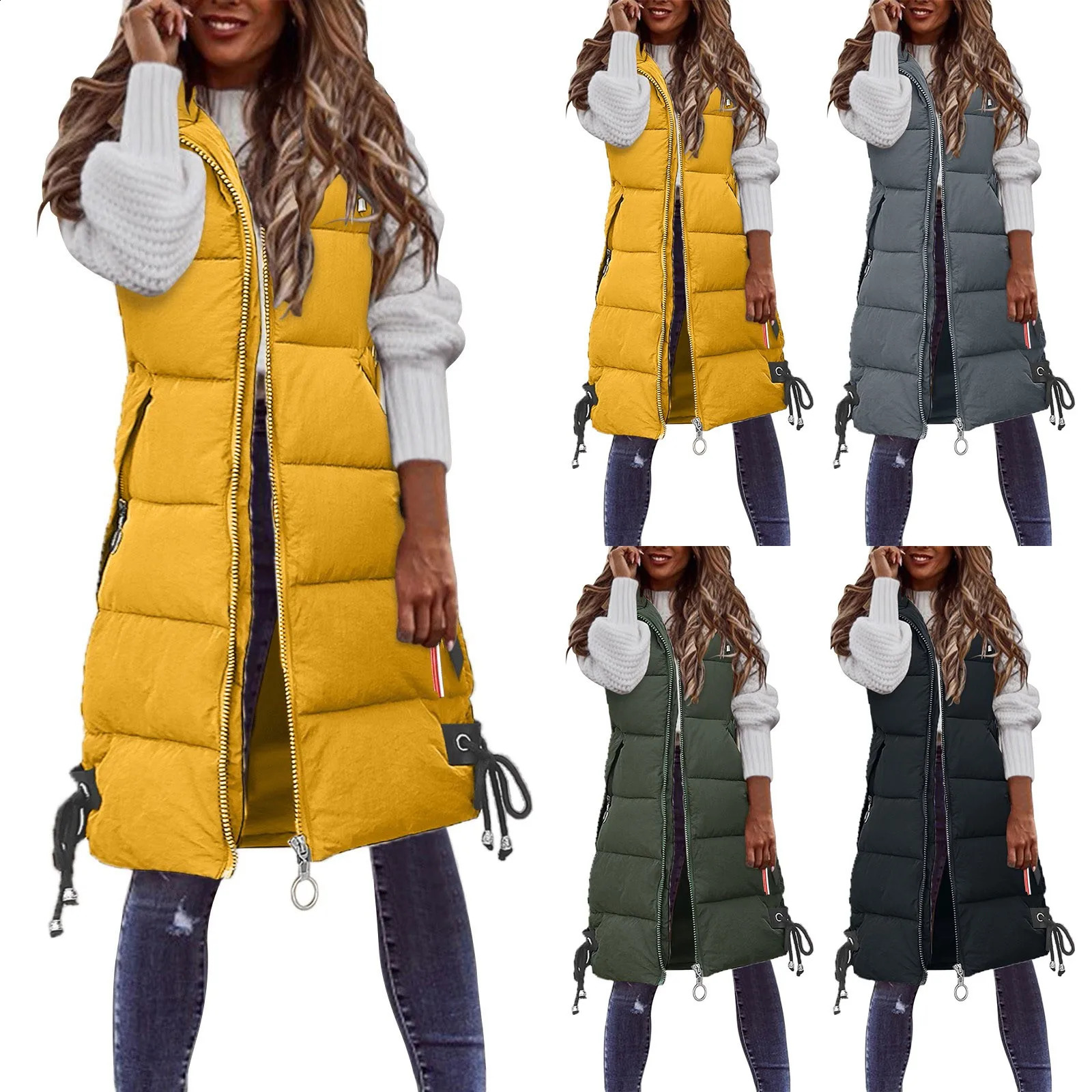 Womens solid hooded vest with zipper pocket loose sleeveless jacket long coat womens winter warm cold resistant 240910