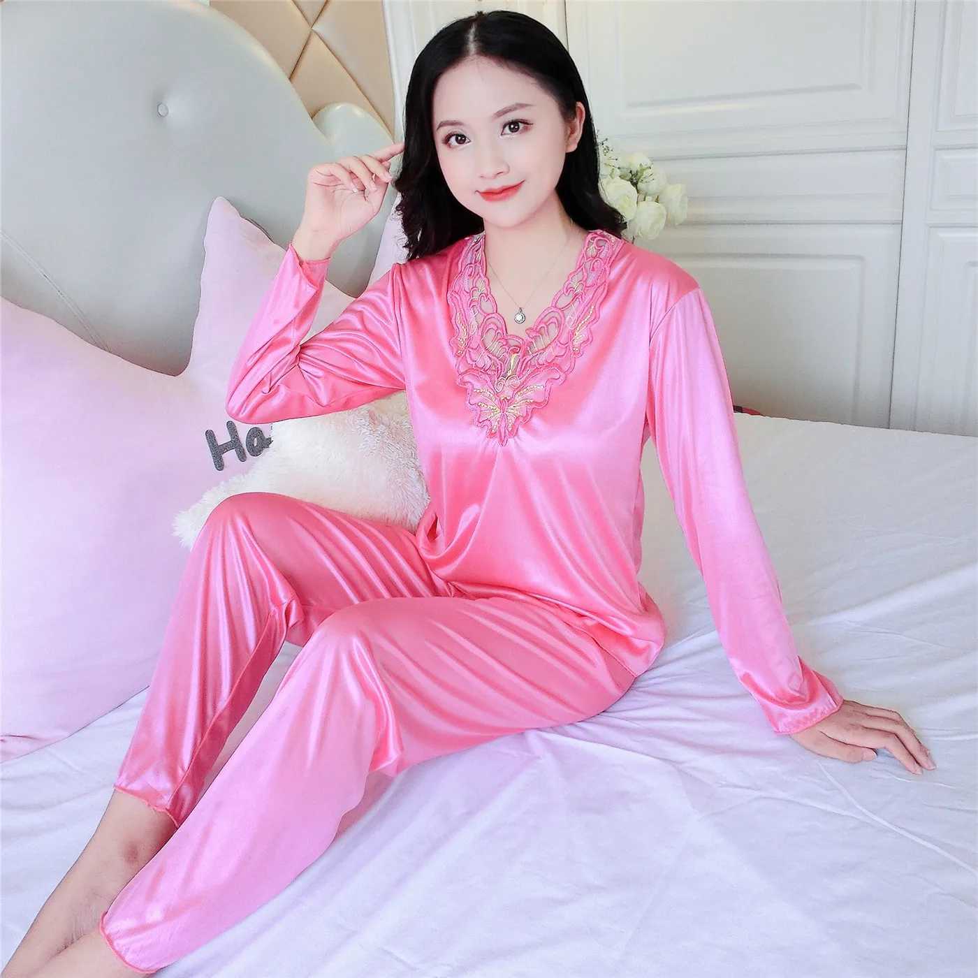 Silk Womens Satin Pajamas Sets Sleepwear Big Size Pyjama 4XL Spring Autumn Homewear Ladies Pijama Mujer 2 Piece Pjs NightwearX2409