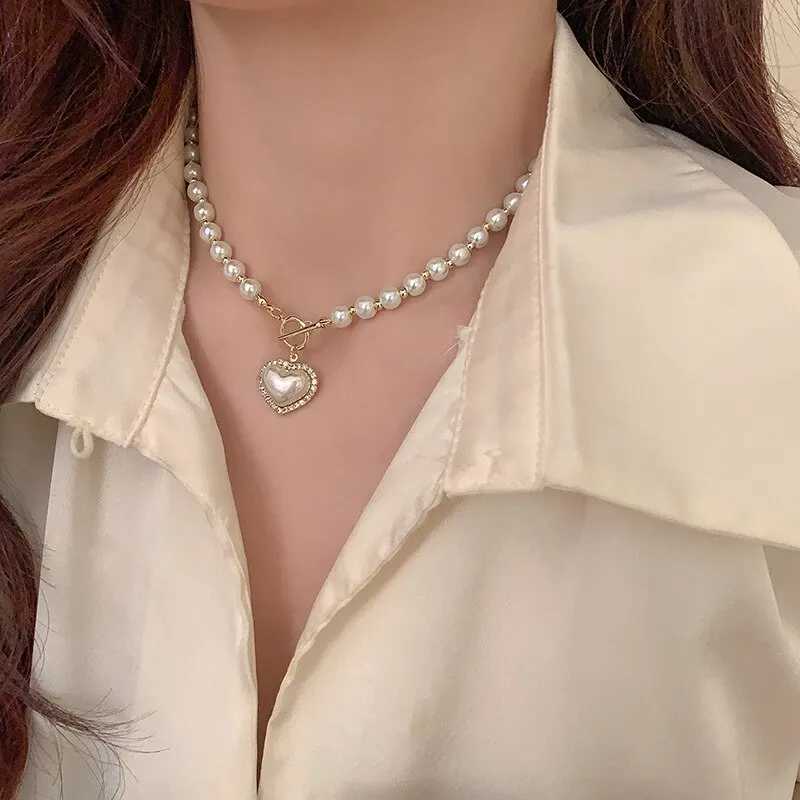 Elegant Pearl Necklace For Women Heart Pendant Necklaces Luxury Imitation Pearls Chain Necklaces Korean Jewelry Girls GiftsX241009