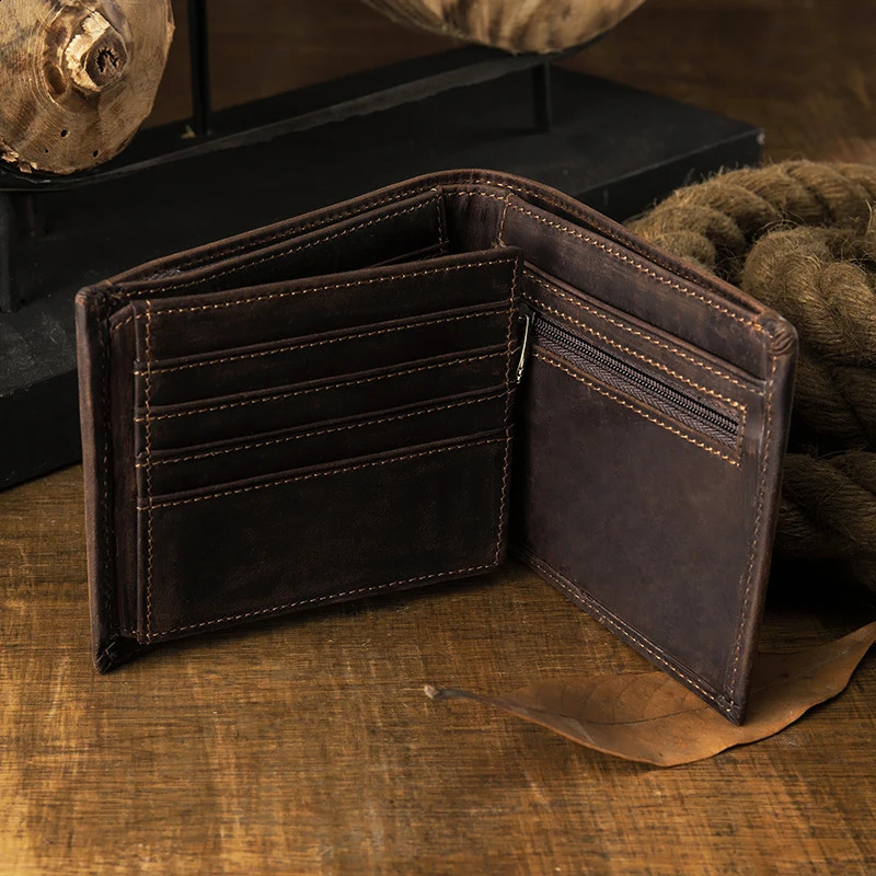 Genuine leather wallet for men vintage card holder crazy horse cowboy currency casual daily use bill 240910