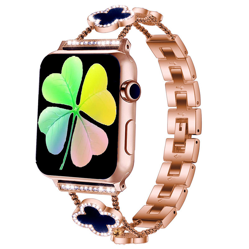 Lucky Bands Women Compatible with Apple Watch Band 41mm 49mm Bling Four Leaf Clover Diamond Jewelry Metal Adjustable Link Straps for iWatch Series 9 8