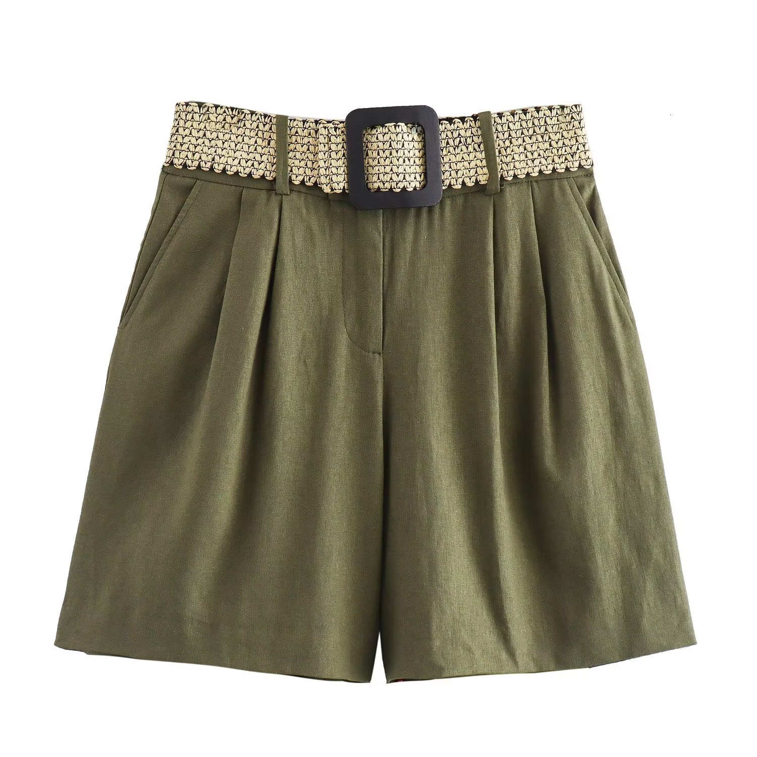 Linen Blend New Product V-neck Fashion Vest Autumn Style Womens Shorts Set Belt Matching