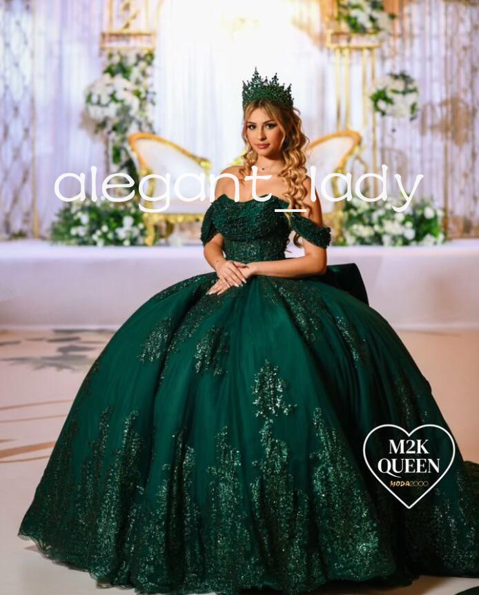 Emerald Hunter Green Sparkly Quinceanera Dresses Gillter Applique Big Bow Lace-up Corset Princess vestido de 15 quinceanera