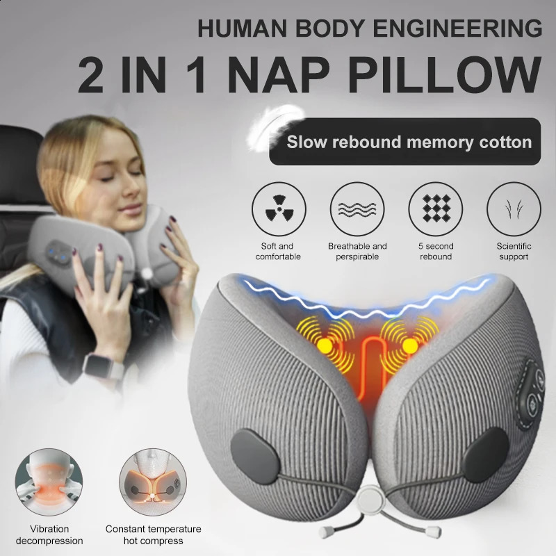 Portable U-Shaped Travel Pillows For Airplanes 3mode Heated Massage Memory Foam Ergonomic Neck Pillows For Pain Relief Sleeping 240910